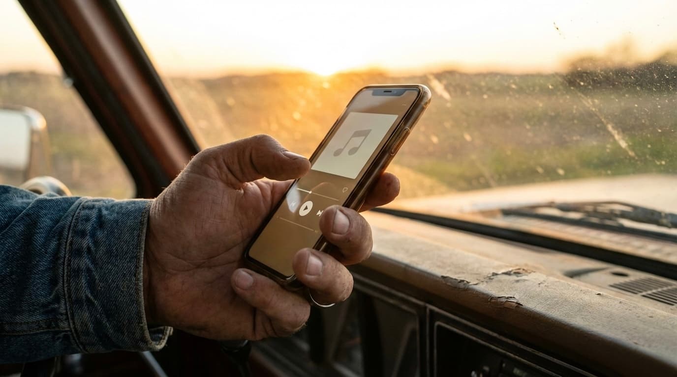 Mano sosteniendo telefono escuchando un corrido